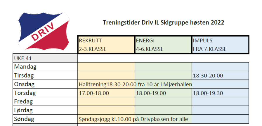 Treningstider Driv IL Skigruppe høsten 2022